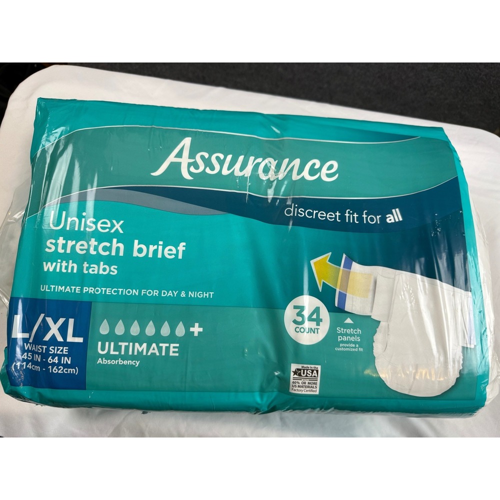 Assurance Unisex Stretch Briefs Diapers w/ Tabs Ultimate Absorbency L/XL 34 Ct